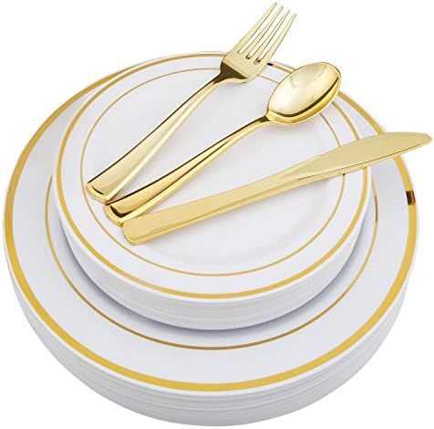 WDF-125 Piece Gold Plastic Silverware&Disposable Plastic Plates - Heavy Duty Thanksgiving Plates ... | Amazon (US)