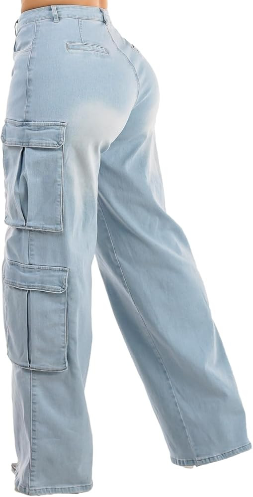 Moda Xpress Women's Casual High Waisted Stretchy Wide Leg Cargo Denim Jeans and Pants with Pocket... | Amazon (US)