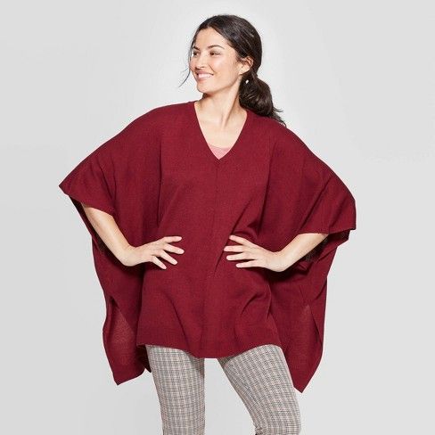 Women's Turtleneck Pullover Poncho Wrap Jacket - A New Day™ Burgundy One Size | Target