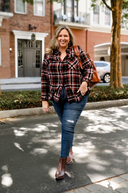 Plus size OOTD! Wearing a pair of Signature Fit Skinny Jeans from Lane Bryant in a size 18, a Relaxed Flannel from Abercrombie in a size XXL, a Target tote, and my favorite Lane Bryant Dream Cloud ankle boots! 

#LTKstyletip #LTKplussize #LTKSeasonal