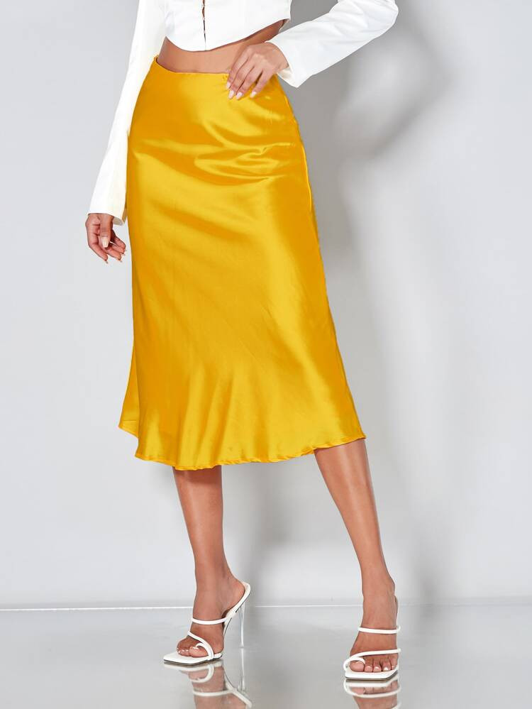 SHEIN BAE Neon Yellow Satin Skirt | SHEIN
