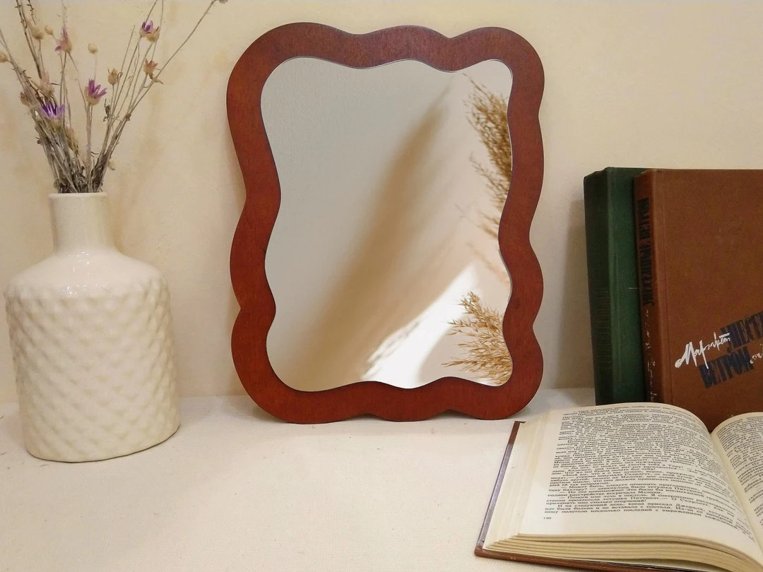 Squiggle Wood Frame Mirror, Irregular Shape Table Mirror Trendy Design, Rectangular Wavy Mirror W... | Etsy (US)