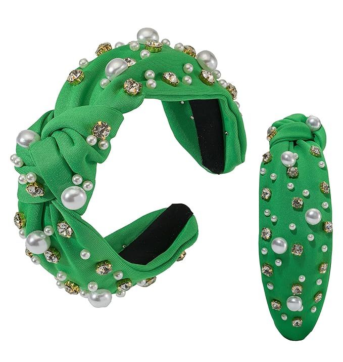 St.Patrick's Day Green Headband Pearl Knotted Jeweled Green Headband for Women Pearl Rhinestone C... | Amazon (US)