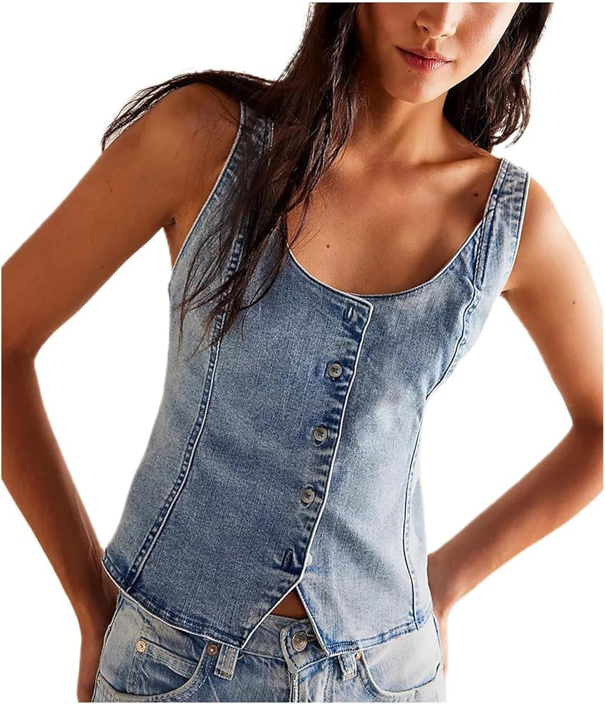 Women Y2K Button Down Denim Vest Sexy Sleeveless Denim Crop Top Low Cut Strapless Jean Corset Bus... | Amazon (US)