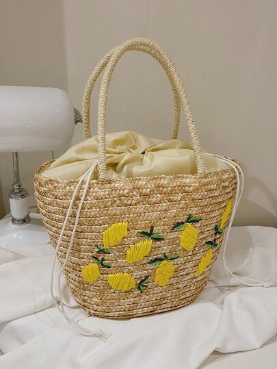 Lemon Embroidered Drawstring Design Straw Bag
   SKU: sg2205231556560606      
          (9 Revie... | SHEIN