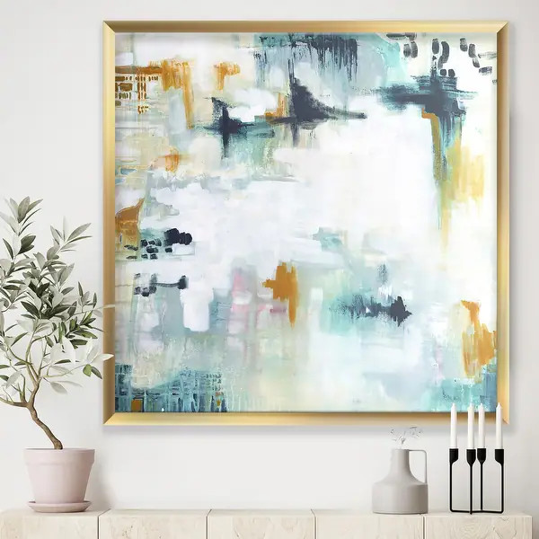 Designart "Teal And White Composition" Modern & Contemporary Framed Art Print - 16 in. wide x 16 ... | Bed Bath & Beyond