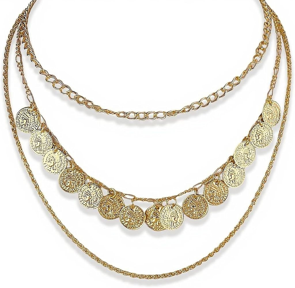 Gold Pirate Necklace for Women Layered Chunky Pirate Costume Jewelry Hip Hop 80s 90s Coin Pendant... | Amazon (US)