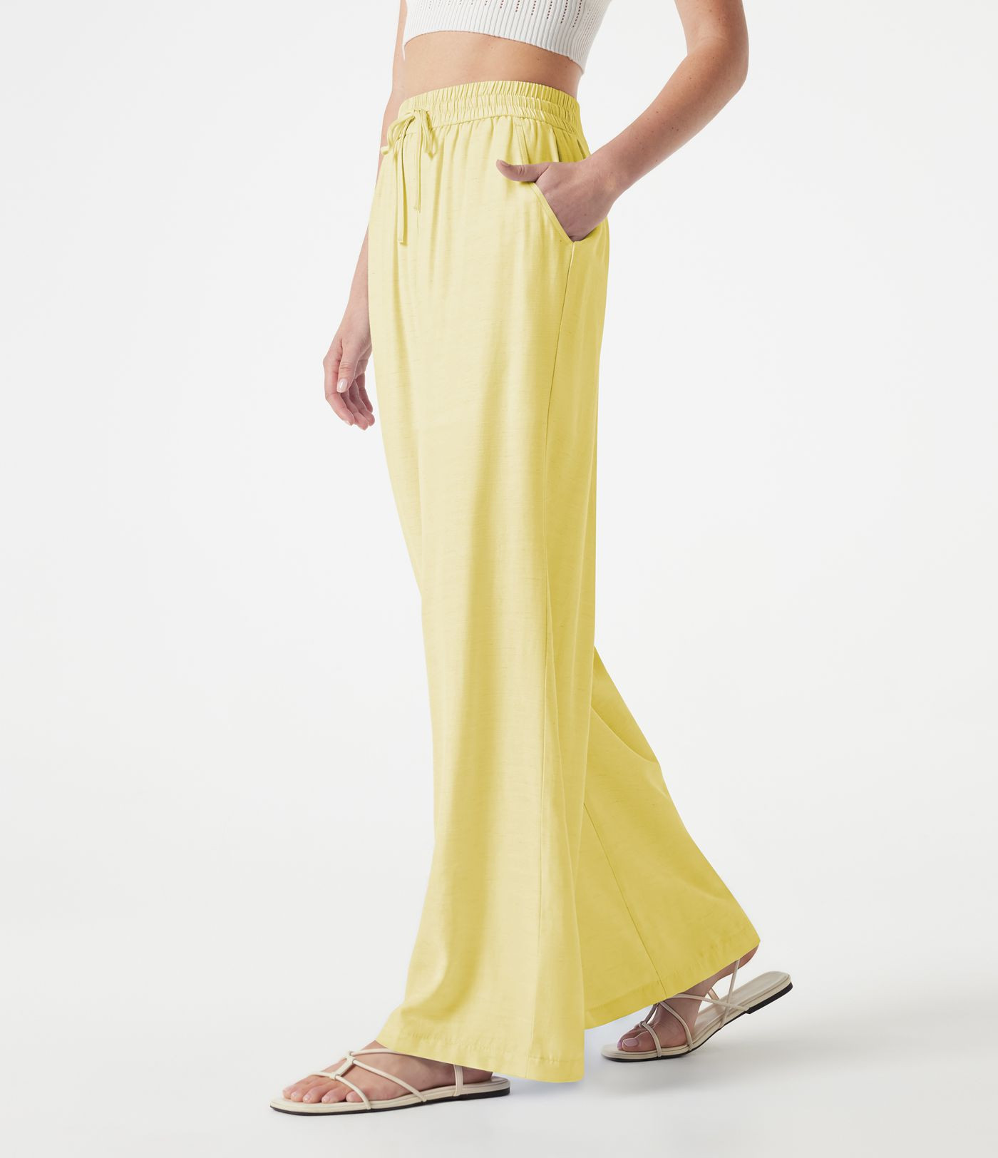 Women\u2019s High Waisted Drawstring 2-in-1 Wide Leg Casual Linen-Blend Pants with Pockets - Hala... | HALARA