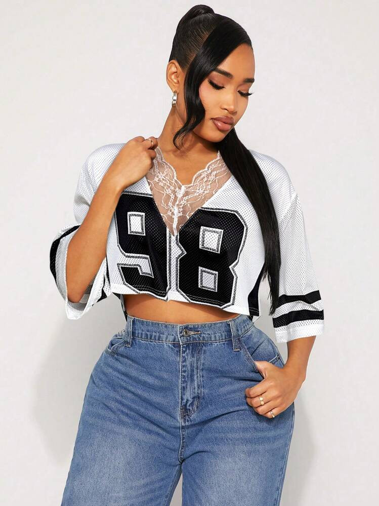 SHEIN SXY Casual Street Style T-Shirt With Numeric Print & Lace Mesh Cutout, Suitable For Casual Wear, Sports Events, St. Patrick's Day, Versatile Top
4.92
(100+)
 | SHEIN