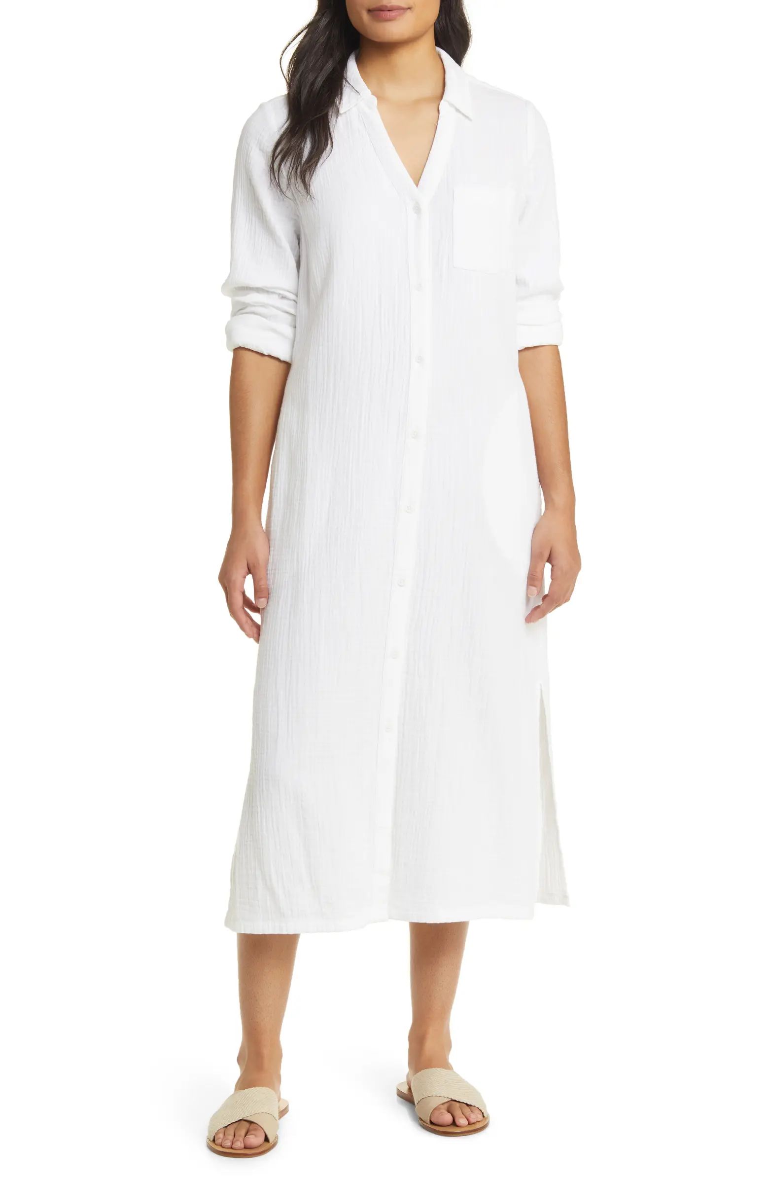 Caslon® Cotton Gauze Long Sleeve Midi Shirtdress | Nordstrom | Nordstrom