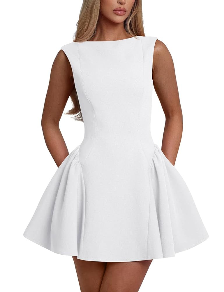 YMDUCH Women's Summer Sleeveless Crew Neck Backless A-line Mini Party Prom Dress | Amazon (US)