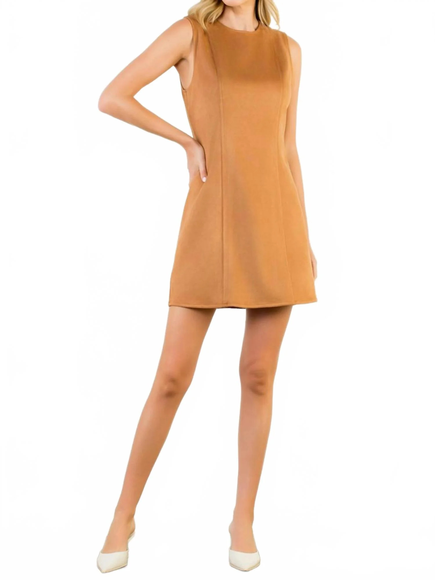 Sleeveless Suede Dress In Camel | Shop Simon