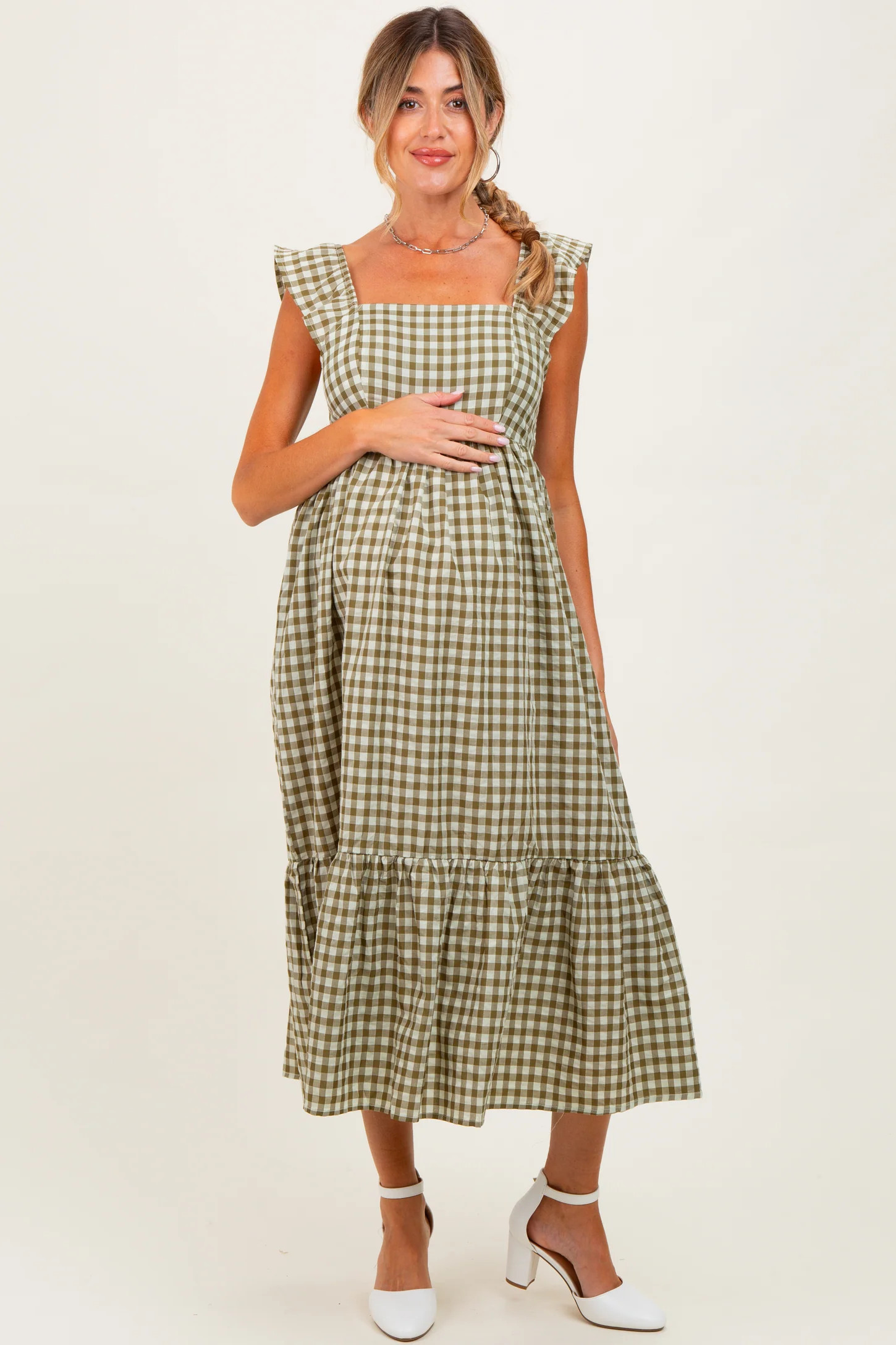 Olive Gingham Ruffle Strap Maternity Midi Dress | PinkBlush Maternity
