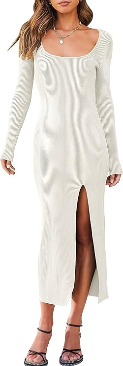 ANRABESS Women's Long Sleeve Square Neck Slit Bodycon Sweater Dress Ribbed Knit Slim Fit Maxi Lon... | Amazon (US)