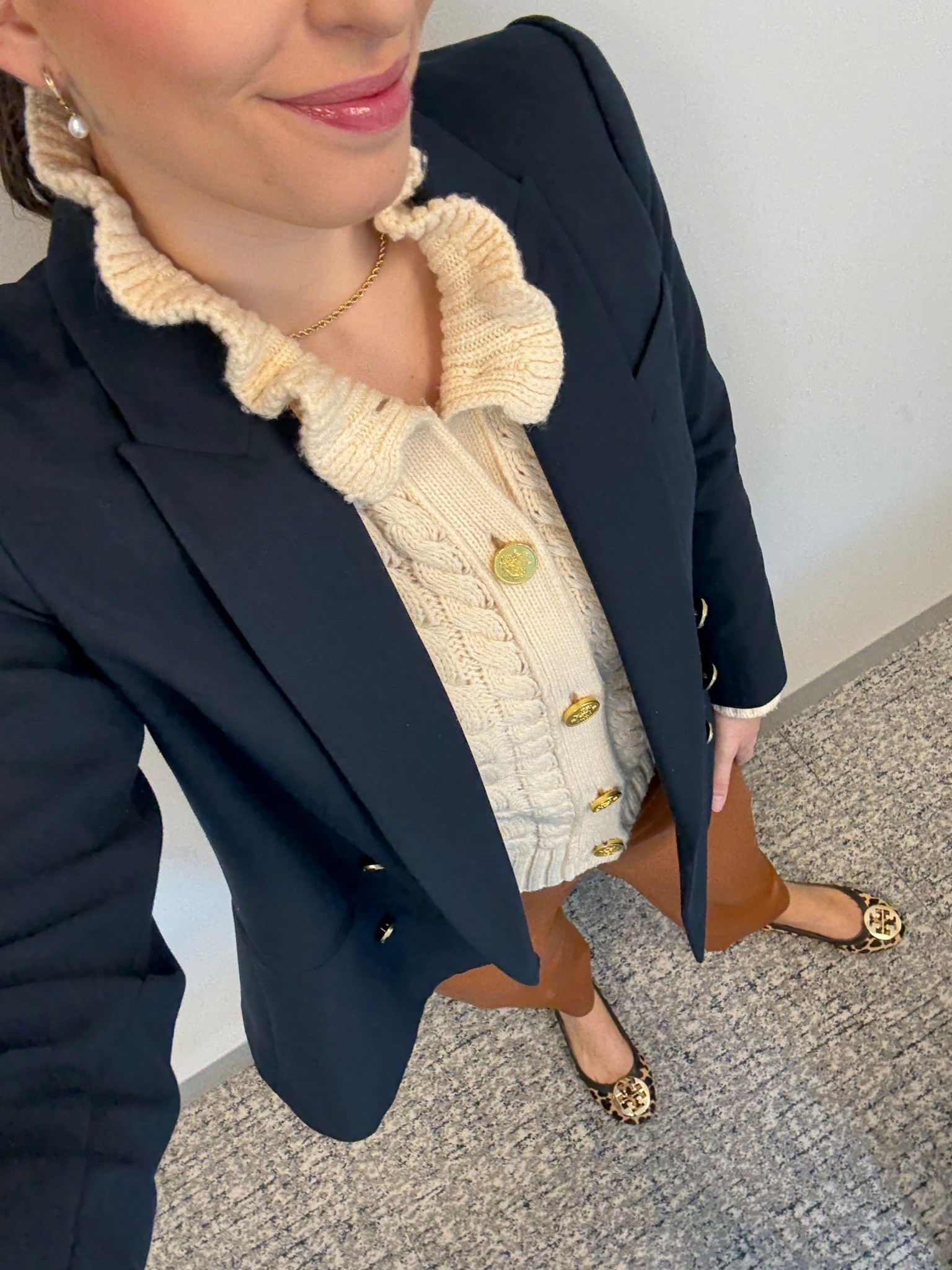 Office style, office outfit, business casual, workwear, lawyer, attorney, law firm style, casual Friday, leather pants, brown leather pants, faux leather pants, cable knit cardigan, cable knit sweater, double breasted blazer, navy double breasted blazer, leopard shoes, leopard ballet flats 

#LTKWorkwear #LTKSeasonal #LTKStyleTip