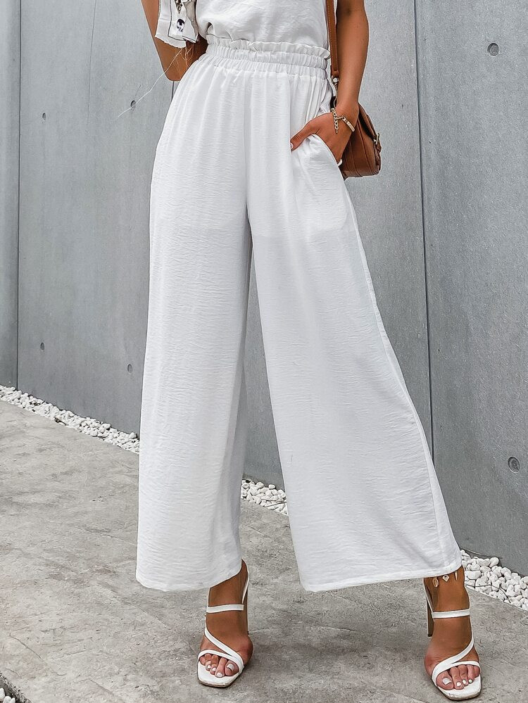 Simplee Frill Elastic Waist Wide Leg Pants | SHEIN