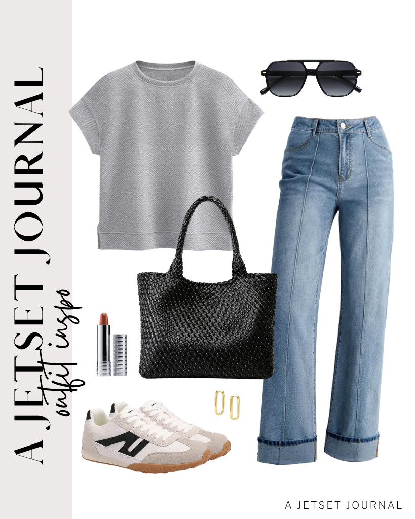 This combo of Sidefeel wide-leg jeans and a gray EVALESS crewneck top is another simple but chic outfit! You can step into these MAVMAX retro sneakers and wear these SOJOS aviator sunnies. Add a woven shoulder tote bag and ALEXCRAFT earrings to complete this look.

#LTKSeasonal #LTKSaleAlert #LTKTravel
 

 