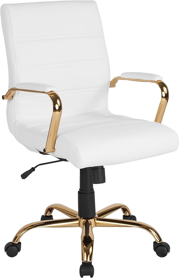 Flash Furniture Mid-Back White LeatherSoft Executive Swivel Office Chair with Gold Frame and Arms | Amazon (US)