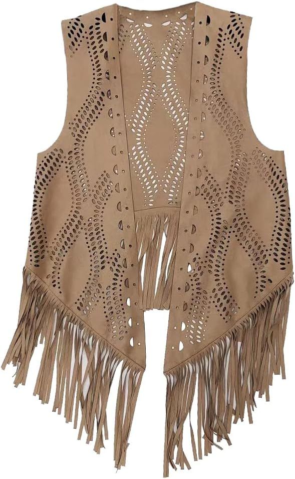 NGBUY Women's Hippie Sleeveless Fringe Vest Faux Suede Tassels Open-Front Cardigan | Amazon (US)