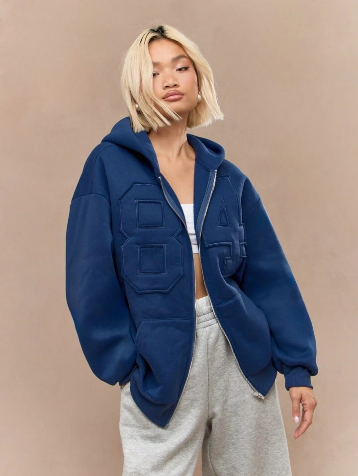 MISSGUIDED Zip Through "84" Applique Oversized Hoodie | SHEIN