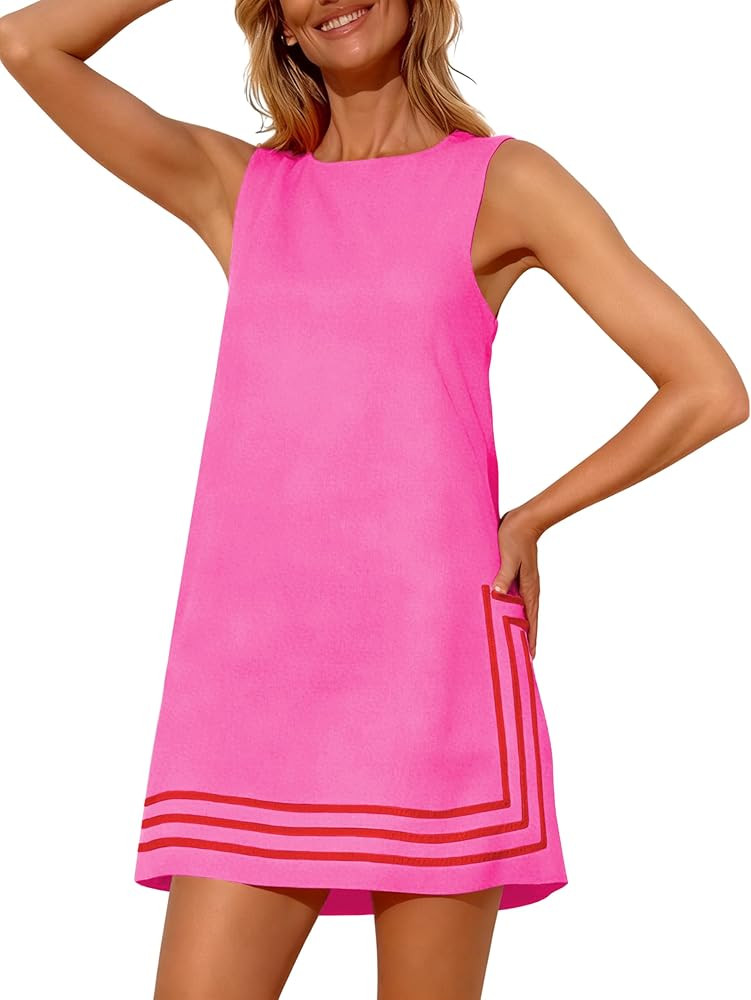 Womens Summer Boho A-Line Mini Dress Sleeveless Sundress Color Block Beach Coverups | Amazon (US)