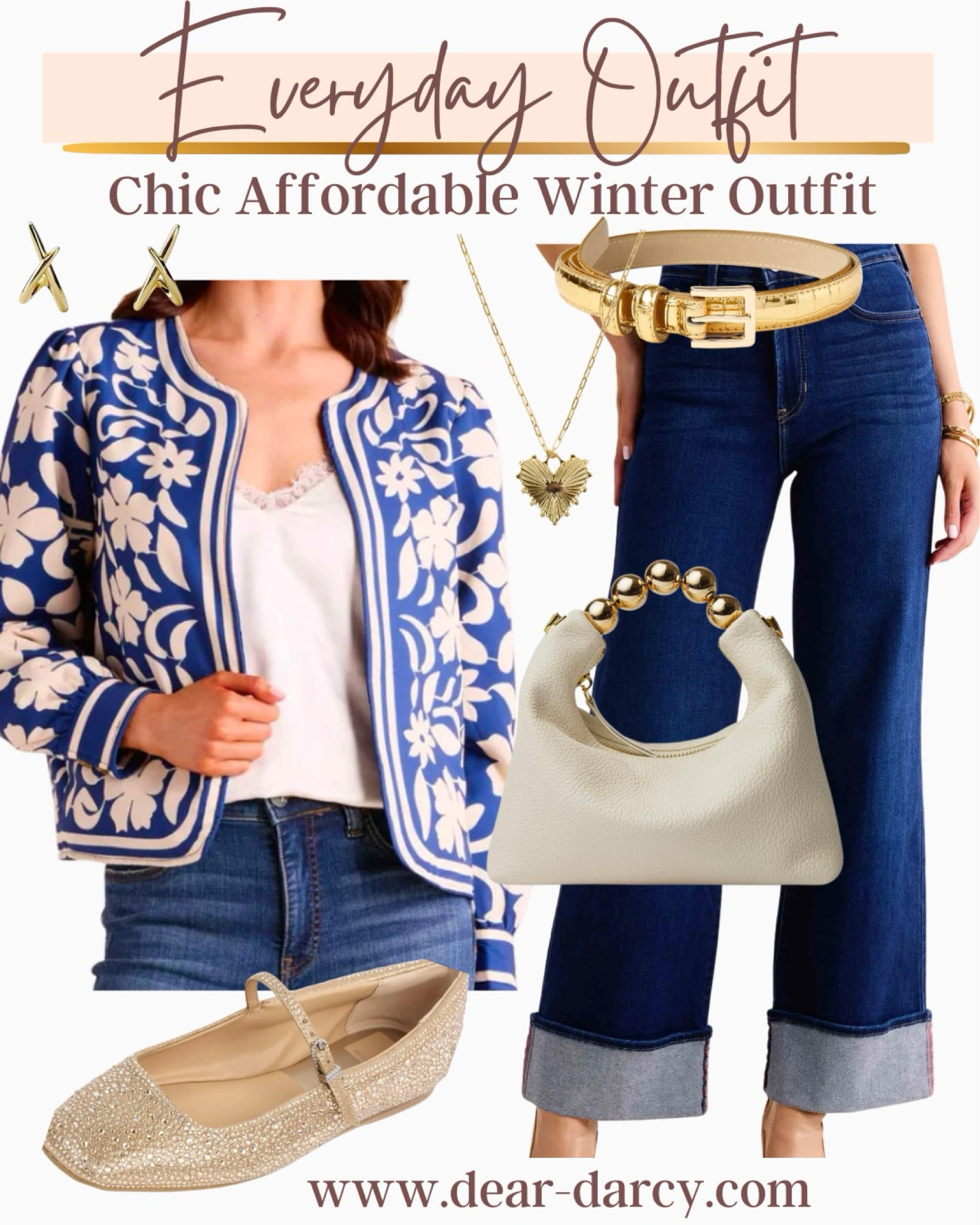 Chic affordable outfit inspo

Great for elevated casual
Could be an everyday outfit,  workwear,’coffee date or meetings.

Dark denim with cuff a best seller fits tts

Best selling jacket 
I love the floral print and blue and white pattern. Tts

Gold metallic 
Belt and Mary Jane shoes 

Amazon find gold ball handle whiter white bag

Affordable gold heart necklace $24

Gold X earrings  Amazon find $7


#LTKStyleTip #LTKOver40 #LTKWorkwear
