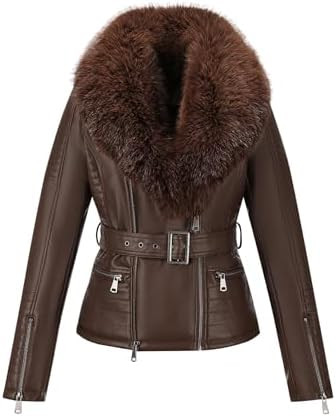 Bellivera Women's Faux Leather Jacket Moto Biker Sherpa-Lined Coat with Removable Fur Collar | Amazon (US)