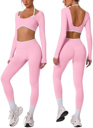 ABOCIW Workout Sets for Women Long Sleeve Crop Top Scrunch Butt Lifting High Waist Leggings 2 Pie... | Amazon (US)