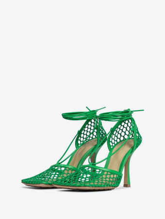Green Mesh Heels Lace Up Stiletto Heel Sandals Square Toe | Milanoo