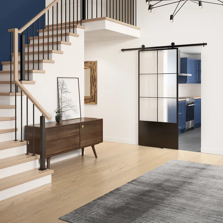Paneled Metal and Glass Barn Door with Installation Hardware Kit | Wayfair North America