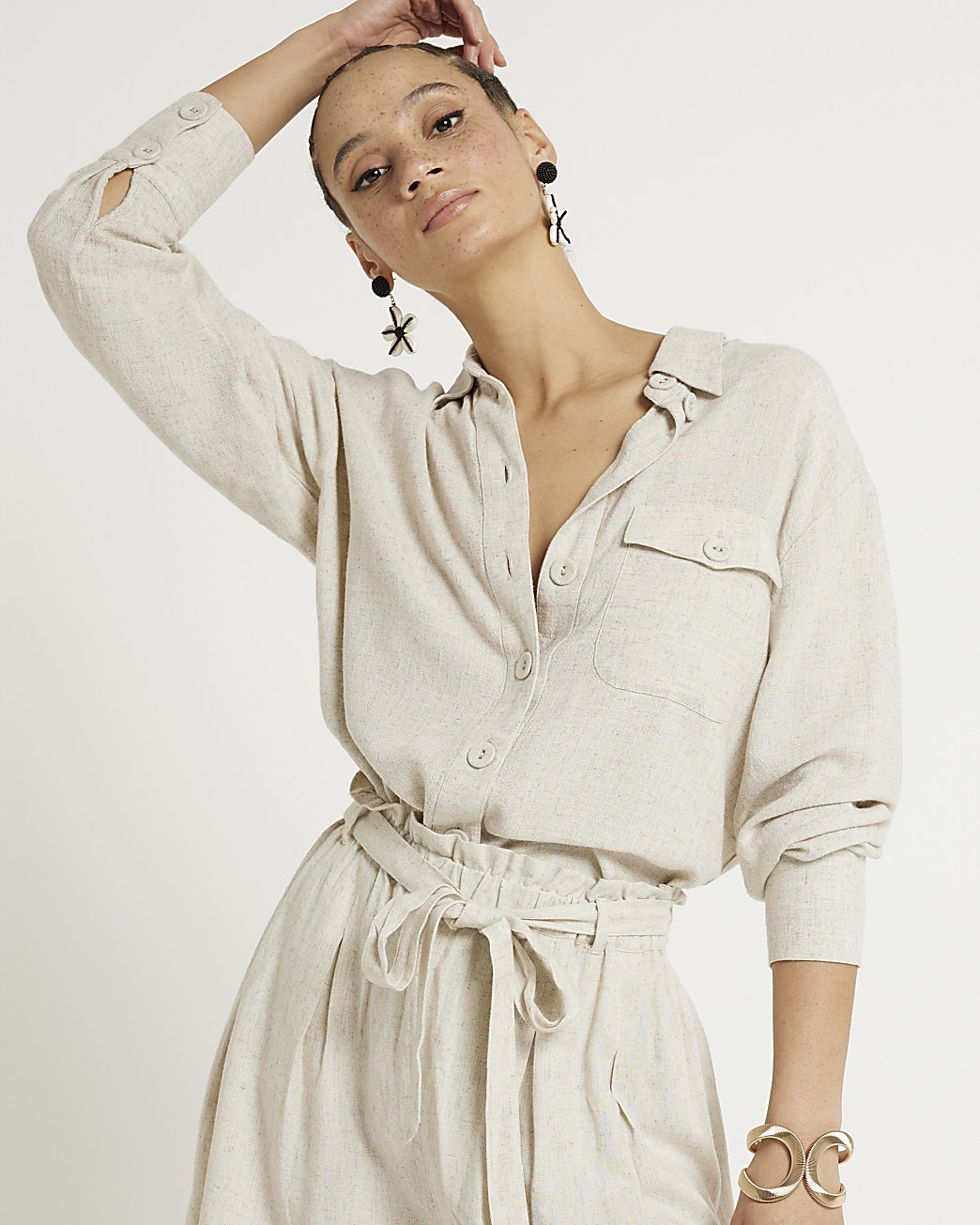 Stone linen blend pocket shirt | River Island (UK & IE)