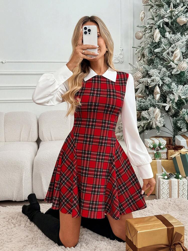 Easowa Christmas Red Plaid Print Collared Lantern Sleeve Patchwork A-Line Swing Dress, Casual Loo... | SHEIN