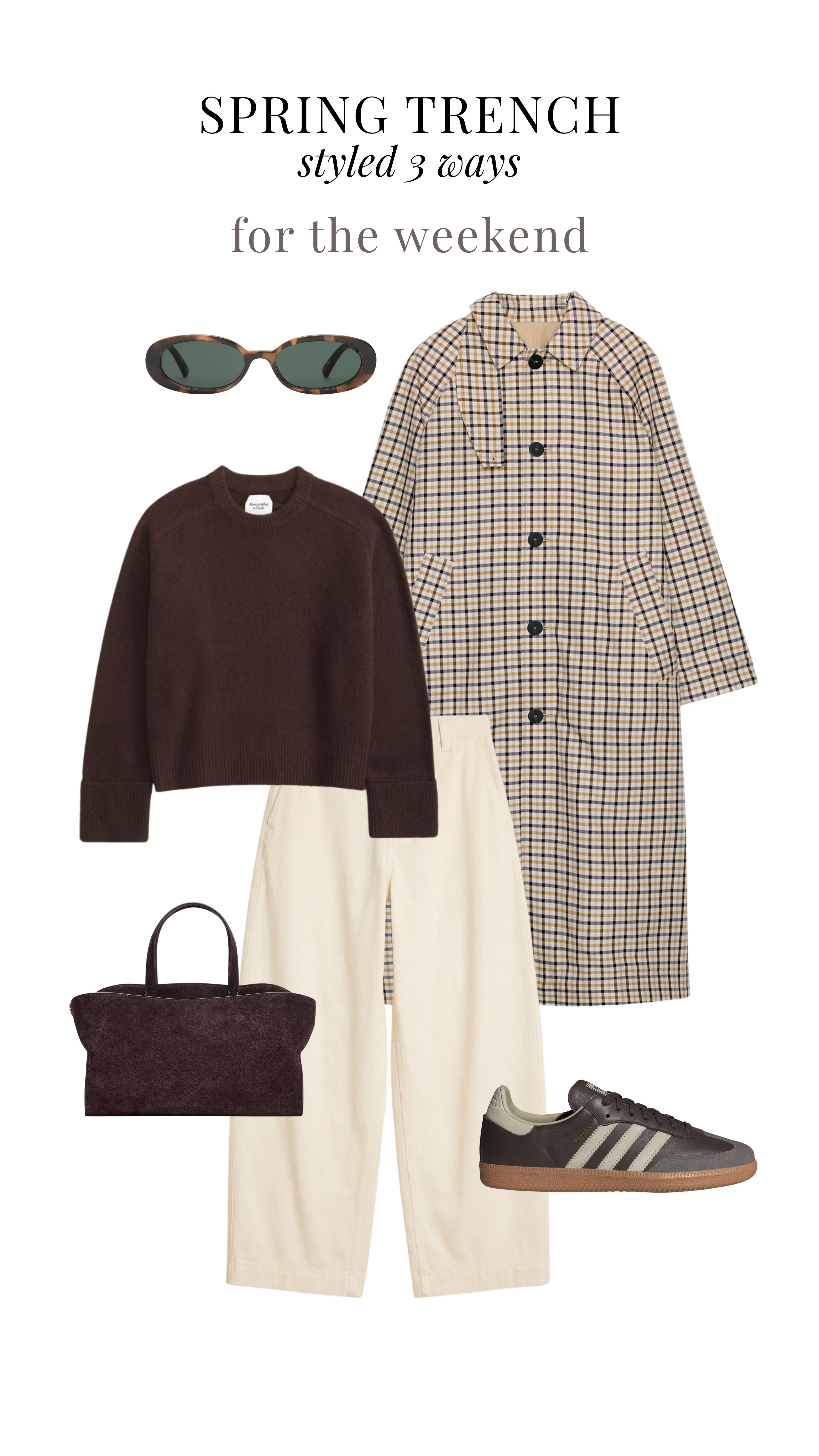 Spring Trench Styled 3 Ways: For the Weekend 🤎

Trench coat, reversible coat, check trench, brown jumper, knitwear, barrel leg trousers, suede handbag, suede tote bag, adidas trainers, brown trainers, chocolate brown outfit, casual, chic 

 #LTKgrwm #LTKootd #LTKSeasonal