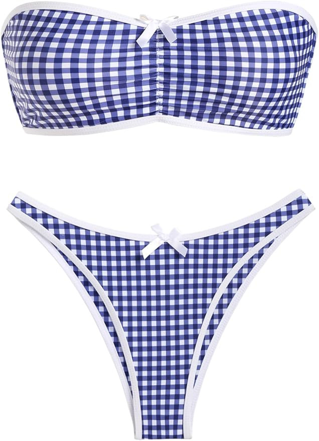 ZAFUL Women's Strapless Bikini Openwork Textured Bow Ruched Lace Up High Cut Bandeau Swimsuit Bat... | Amazon (US)