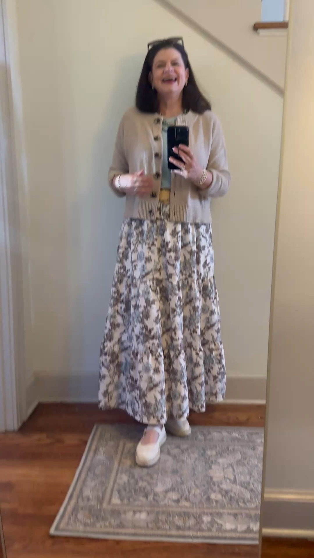 About to head out and wanted to show you my OOTD. This skirt is perfection. It is lovely, has pockets, steams up beautifully, is lined, and has an elastic waist. Size up from your normal size and look at the measurements as it runs small. Cozy cardigan is a year round staple as is the cute layering tee!

#LTKSeasonal #LTKootd #LTKWorkwear