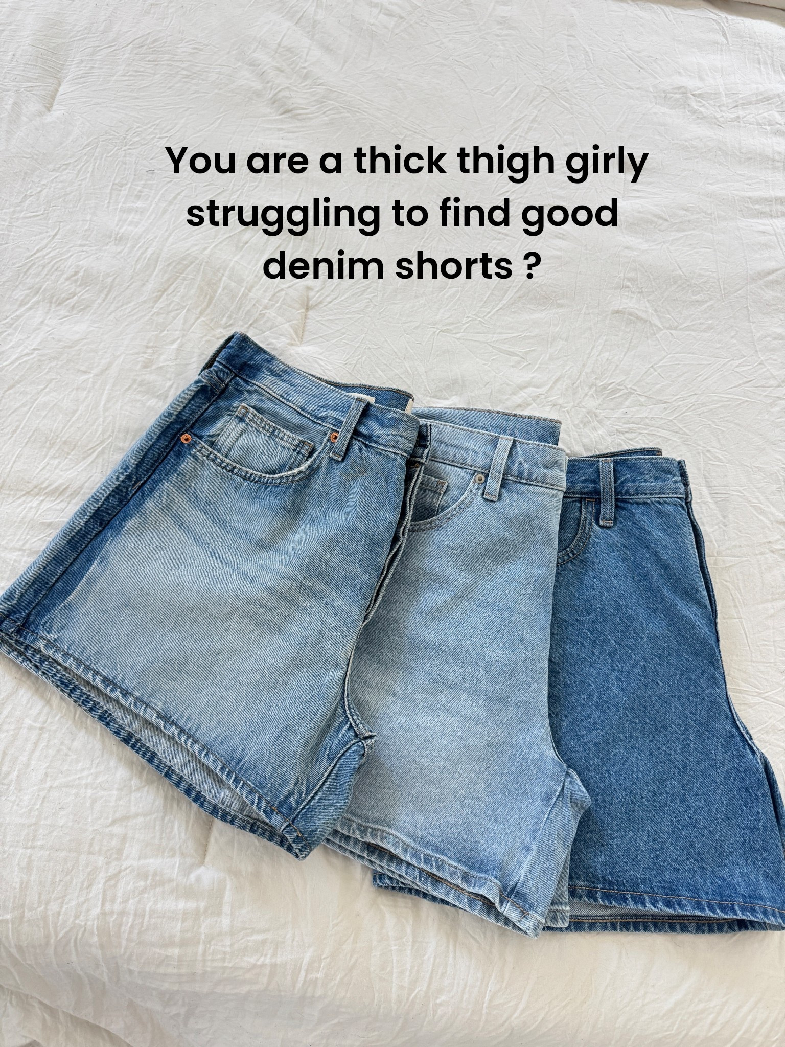 Look no further… 

All of these fit incredible on me and don’t squeeze my thighs. I’m VERY PICKY ABOUT DENIM SHORTS.

Target size 12 
Walmart sized up to 14 
Old navy size 12 

You will love all of these. The Walmart and old navy have a slightly longer inseam 5 inches. I believe the Target ones are 3 or 4 inch inseam but still a great fit. 

Also linked my go to thigh chaffing stick for hot weather to keep thighs from chaffing it’s a summer staple for me. 