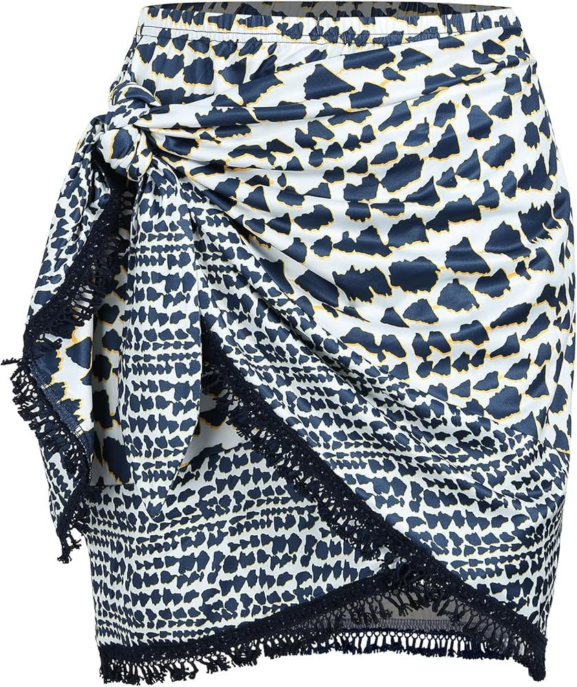 ZAFUL Slit Skirt for Women Boho Print Tie Side Wrap Tassel Casual Beach Mini Skirt | Amazon (US)