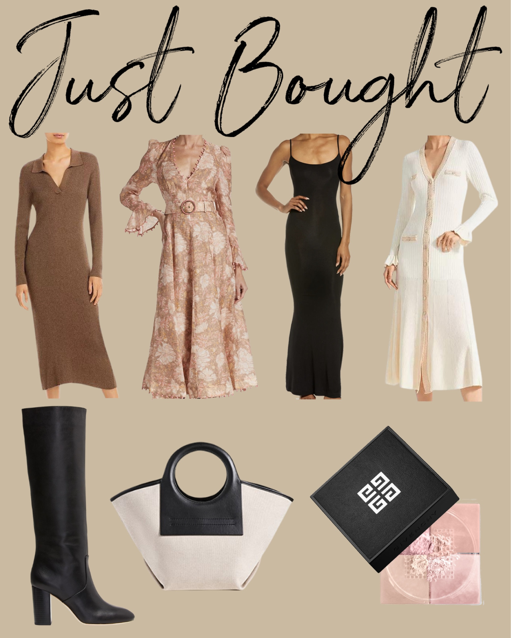 Kat Jamieson of With Love From Kat shares items just bought. Black boots, neutral handbag, neutral style, white knit dress, midi sweater dress, Zimmermann, florals, fall style, best setting powder. 


#LTKSeasonal #LTKstyletip #LTKshoecrush