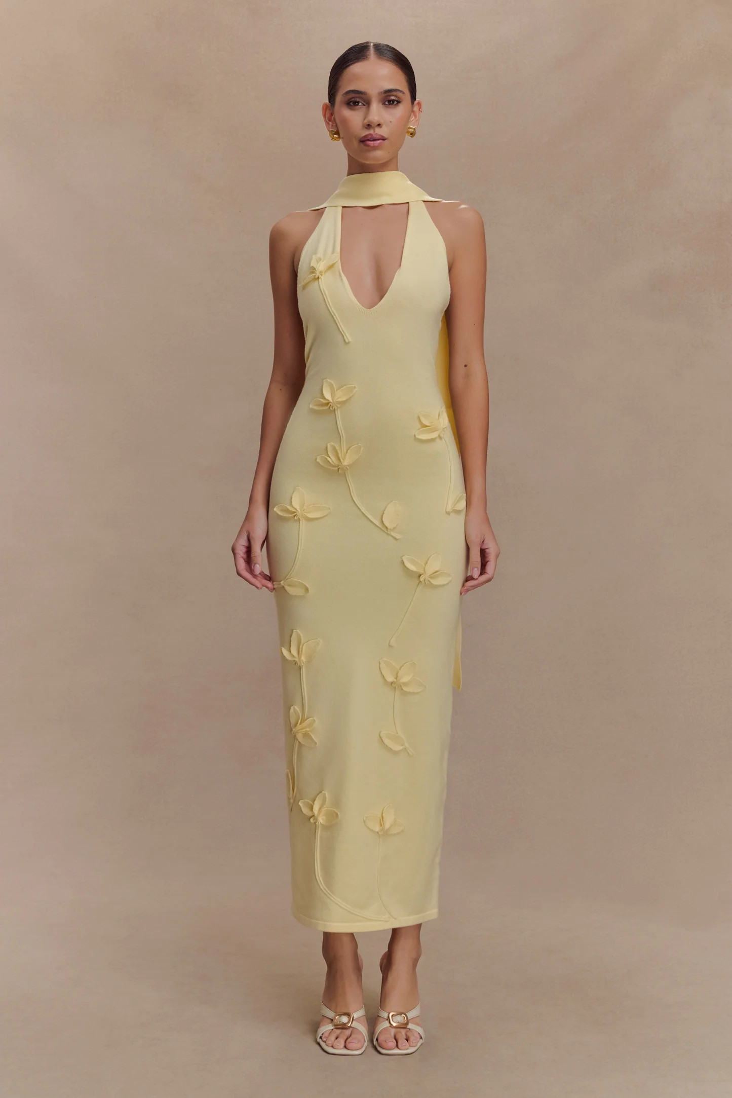 Wynn Floral Knit Midi Dress - Lemon | Meshki UK