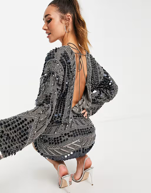 ASOS DESIGN embellished patchwork mini dress with waist detail in silver | ASOS | ASOS (Global)