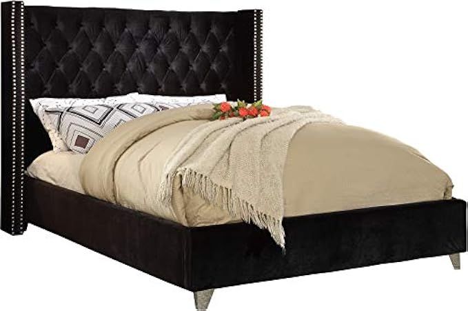 Meridian Furniture AidenBlack-Q Aiden Velvet Upholstered Button Tufted Wingback Bed with Chrome Nail | Amazon (US)