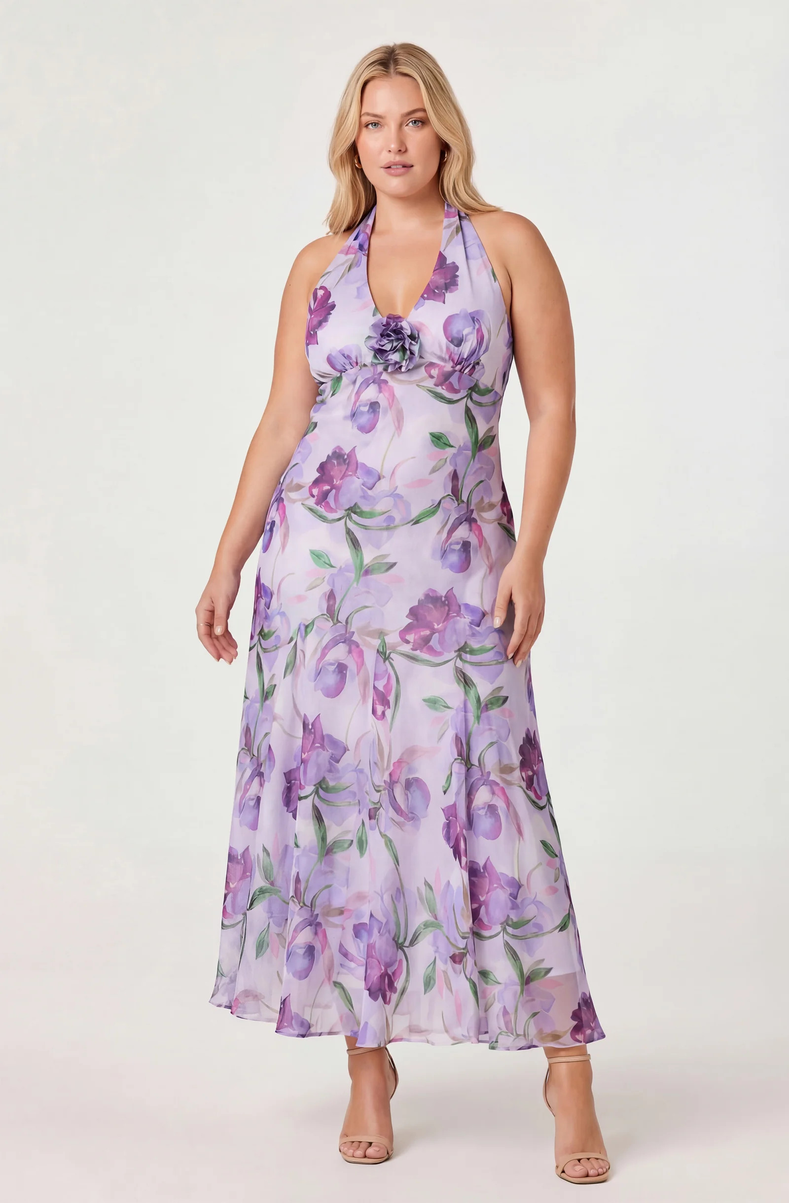 Yasmeen Floral Halter Godet Maxi Dress - Plus Size - Purple floral / 3X | ASTR The Label (US)