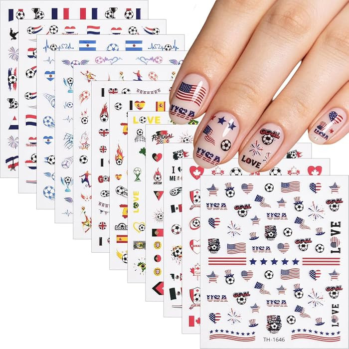 12 Sheets Soccer Football Nail Art Stickers Sports Football Nail Decals, Self-Adhesive Soccer Man... | Amazon (US)