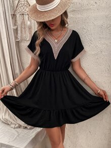 Guipure Lace Panel Batwing Sleeve Ruffle Hem Dress SKU: sw2205189558124848(500+ Reviews)$16.00$15... | SHEIN