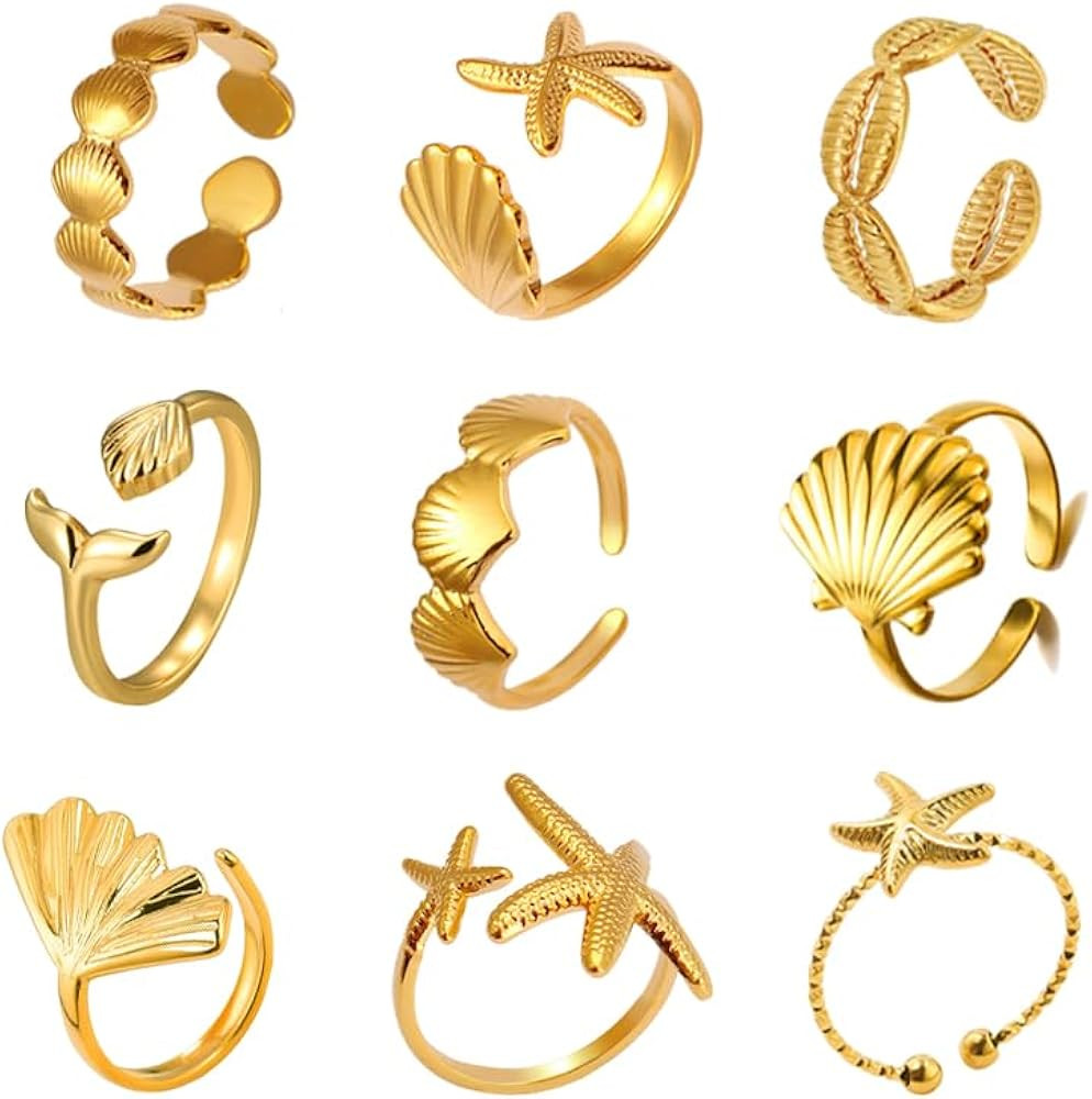 9 PCS Shell Starfish Ring for Women Opening Seashell Ring Adjustable Statement Ring Boho Ring Sum... | Amazon (US)
