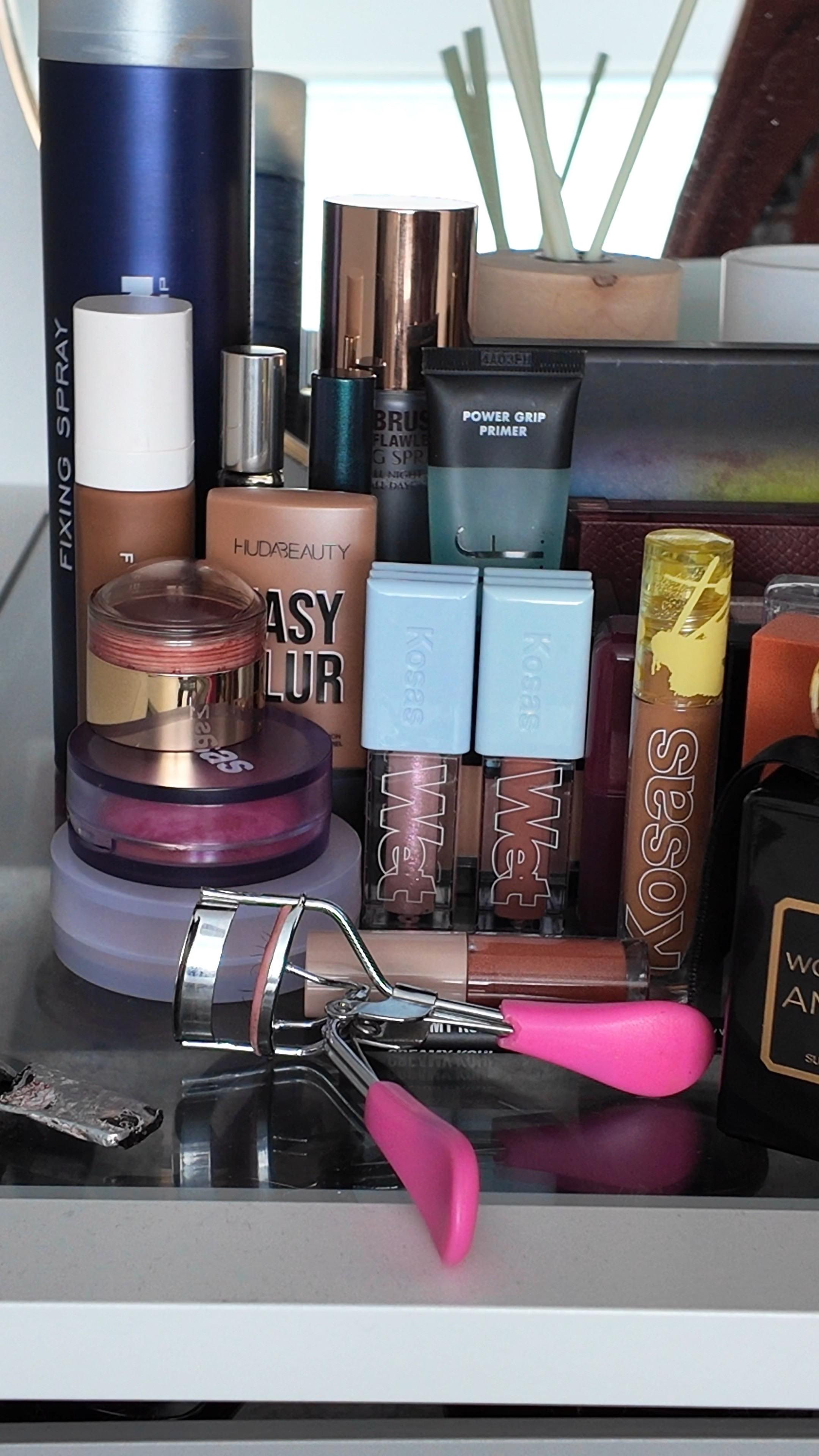 Makeup bag essentials for London fashion week - blush is life, easy blur, Hudabeauty, Kosas. 

#FashionMonth #LTKuk #LTKbeauty