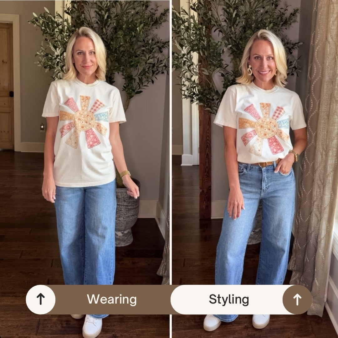 Same tee. Same jeans. Same sneakers.
But a simple front tuck, a belt, and a few accessories completely change the look.
This adorable graphic tee from @Mountain Moverz  is such a fun piece for spring and summer

#StyleTips #ComfortColors #GraphicTee #NaturalIngenue 

#LTKOver40 #LTKootd #LTKSeasonal