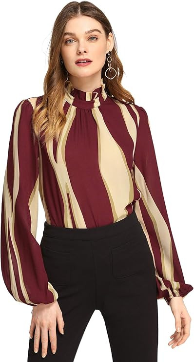 Romwe Women's Elegant Printed Stand Collar Long Sleeve Workwear Blouse Top Shirts | Amazon (US)