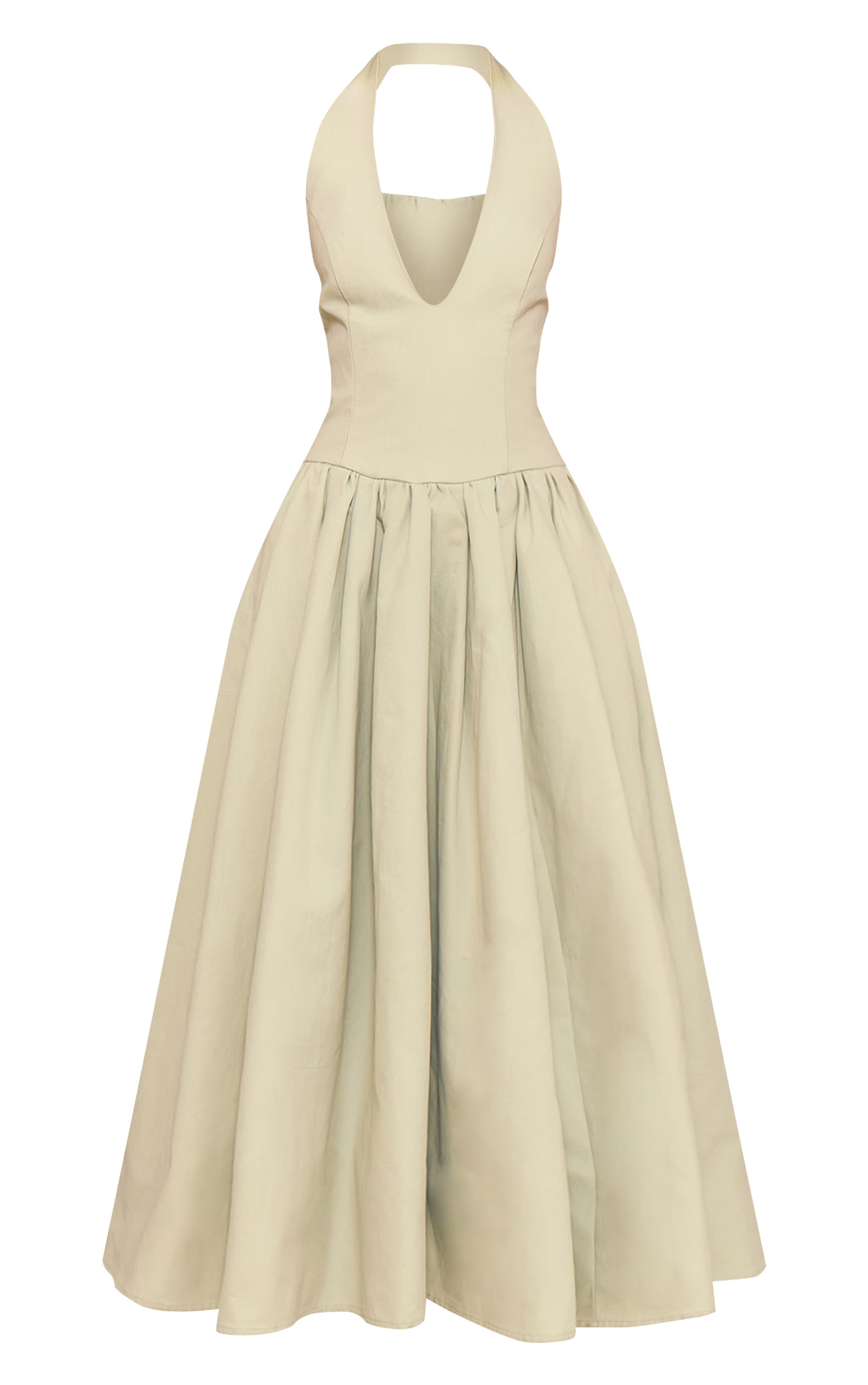 Sage Green Halterneck Tie Ruched Midaxi Dress | Dresses | PrettyLittleThing UK