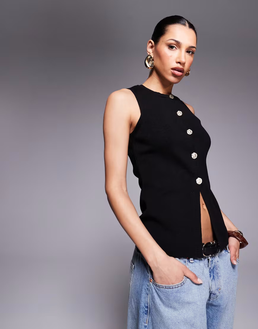 ASOS DESIGN knitted crew neck structured waistcoat with gold button detail in black | ASOS (Global)